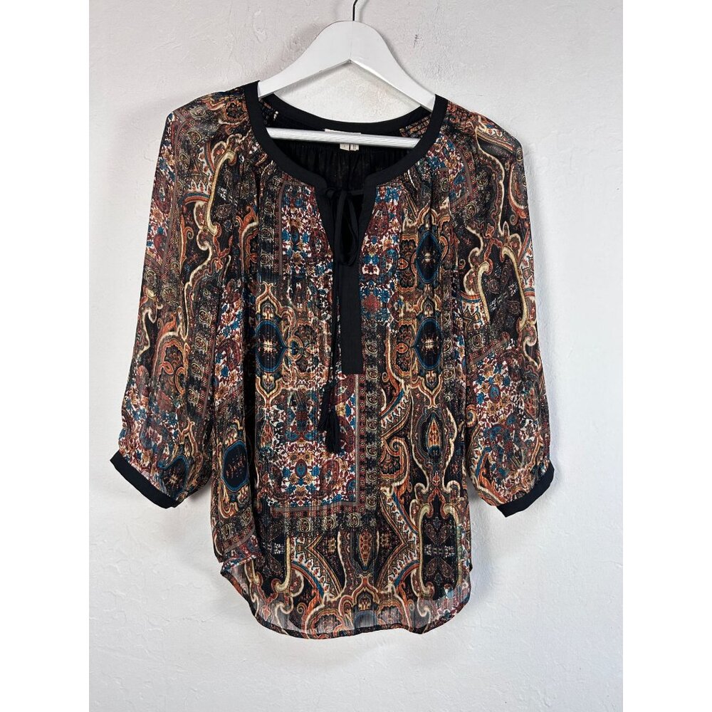 Meadow Rue Anthropologie Womens Brown Metallic Paisley Boho Festival Top Small